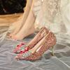Rimocy Red Shiny Sequins Thin Heel Pumps Women 2025 Fashion Crystal Bow Wedding Party Shoes Woman Bling High Heeled Bridal Shoes
