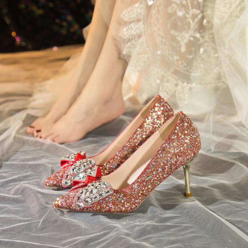 Rimocy Red Shiny Sequins Thin Heel Pumps Women 2025 Fashion Crystal Bow Wedding Party Shoes Woman Bling High Heeled Bridal Shoes