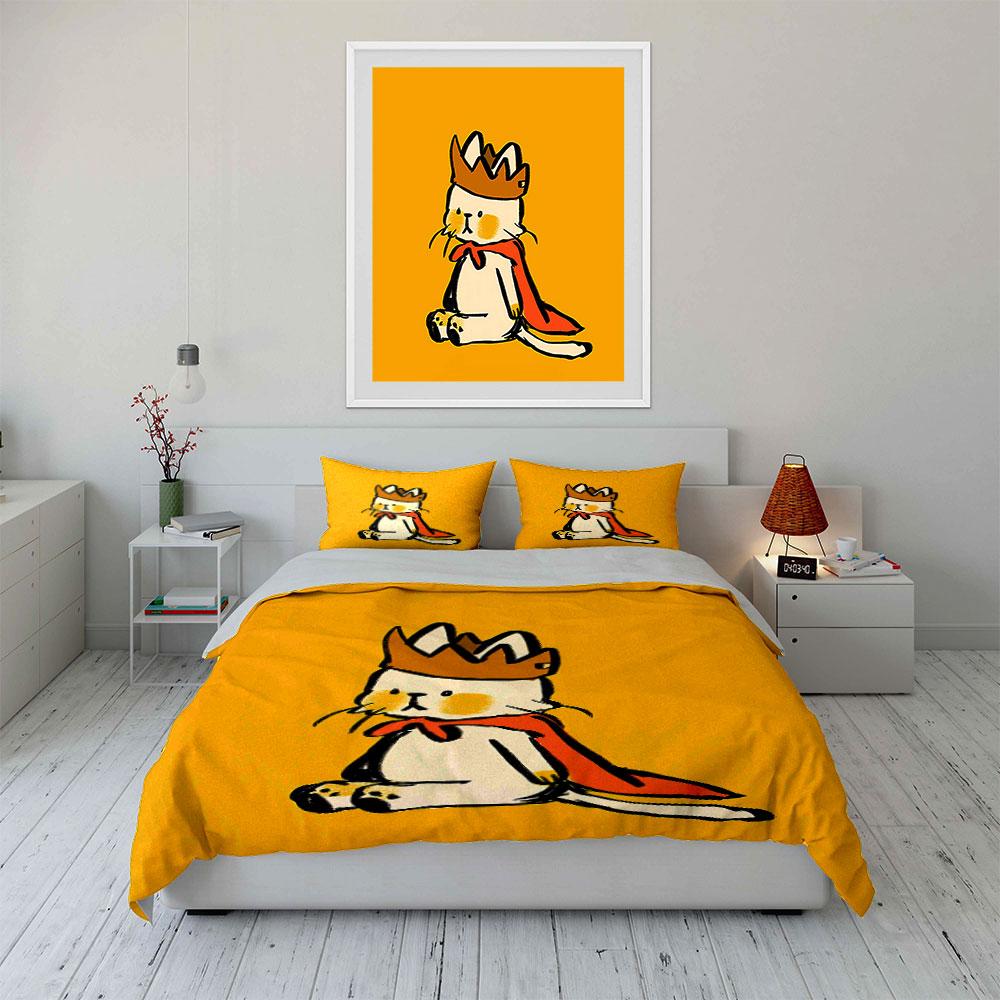 Cartoon Cat King with Crown Bedding Duvet Cover Set Duvet Cover Pillowcases (1*Duvet Cover 2*Pillowcases, without duvet insert)