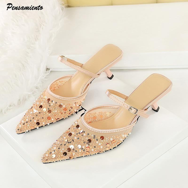 Fashion Fashion Pearls Sequined Rhinestones Women Pumps Summer Air Mesh Thin High Heels Mules Slides Elegant Slingbacks Party Lady Shoes
