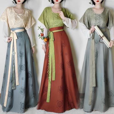 Chinese Tang Dynasty Style Hanfu Dunhuang Printed Round Neck Shirt Waist High One-piece Skirt Set For Women