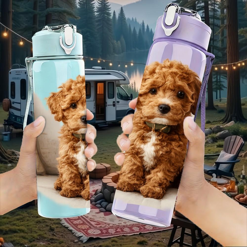 1PC Cute Puppy On Pillow Print 750ml Color Plastic Sports Water Bottle Leakproof Flip Straw Lid Suitable for Sports Office Home Use