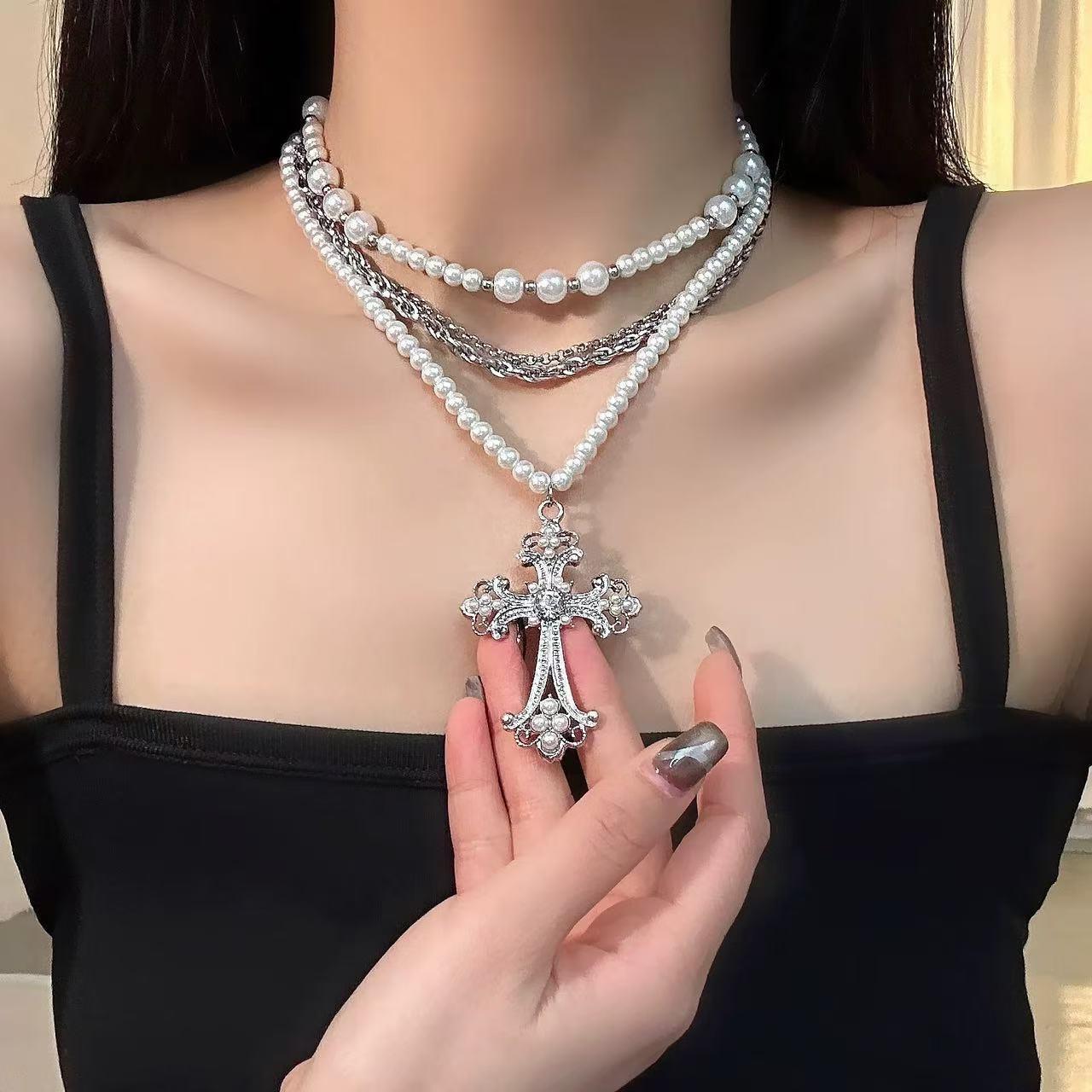 

Крест, бисер, многослойная цепочка на ключицу, жемчужное ожерелье, аксессуары, женское ожерелье, сладко-острое