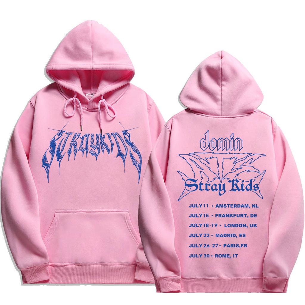 Stray Kids dominATE Europe Tour Blue Death Hoodie, Front Gothic Stray Kids Lettering Wing Graphic Full European Date List Oversized K‑Pop Fan Pullover