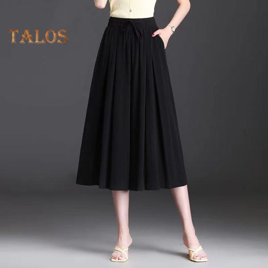 Women Cropped Pants Elastic High Waist Adjustable Drawstring Culottes Solid Color Wide Leg Casual Pants Daily Wear