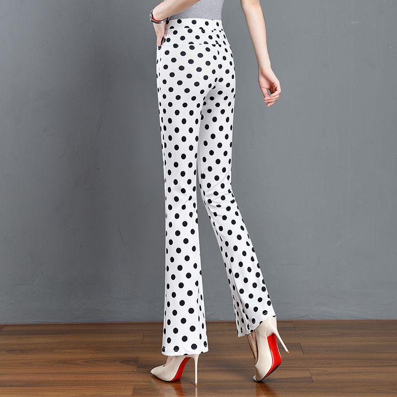 Japanese Style Sweet Summer Pants New Women Elastic High Waist White Polka Dot Pockets Fashion Office Lady Slim Flare Trousers