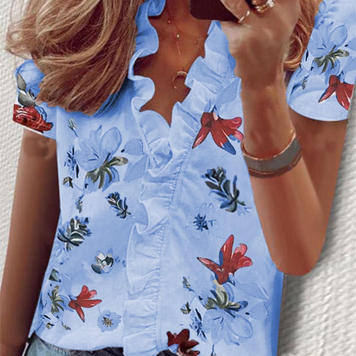 

YYFS женские модные повседневные летние блузки и рубашки с короткими рукавами и цветочным узором XXXXXL синий/красный