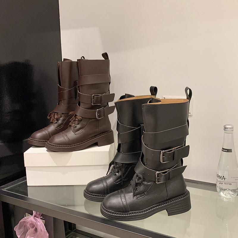 British Style Retro Medium Tube Knight Boots Women's 2025 Autumn and Winter New Soft Leather Thick Heel Belt Buckle Platform Fashion Boots