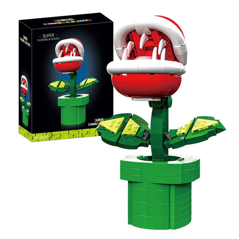 Adult Mario Star Piranha Plant & Fire Flower Building Blocks Set