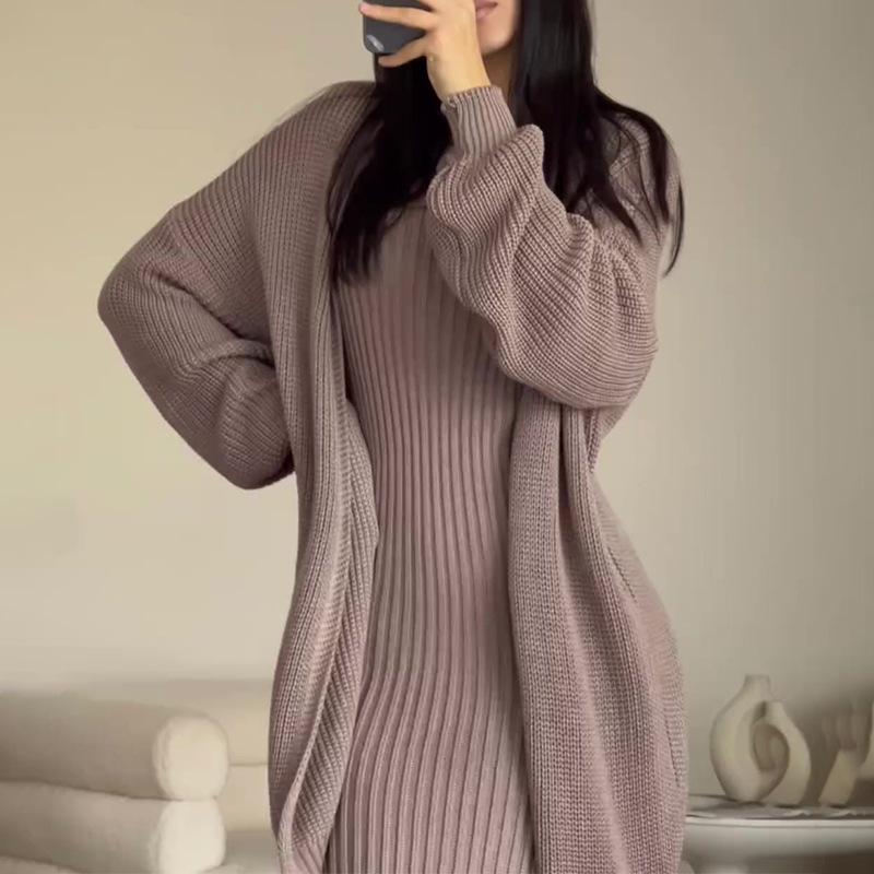 Russian Autumn/Winter Casual Round Neck Lazy Style Knitted Cardigan Set Dress