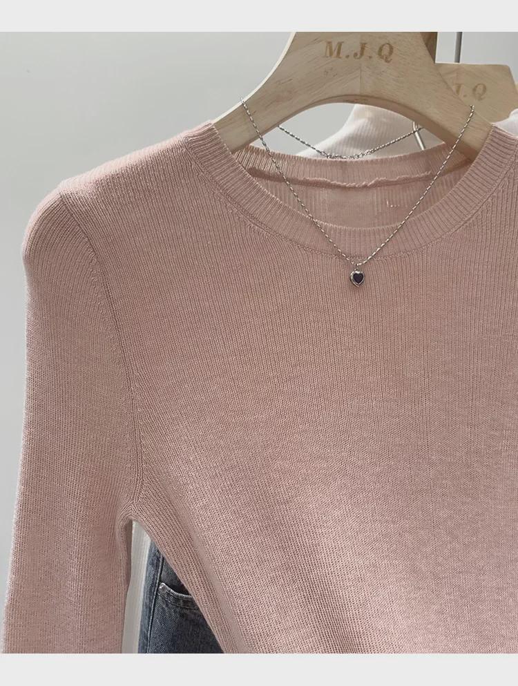 Pulover Tricotat Verde Mentă cu Gât Rotund pentru Femei - Croială Slim, Mânecă Lungă, Top Transparent de Primăvară/Toamnă