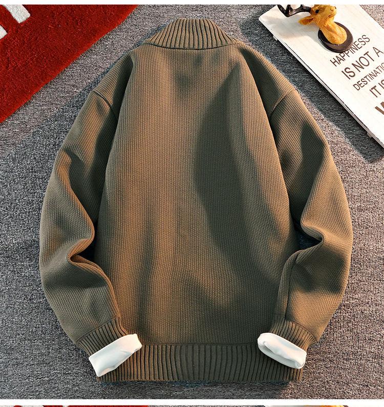 Men's Stand Collar Knitted Cardigan: Autumn/Winter Style, Trendy Youth, Velvet-Lined, Thick Sweater Coat.