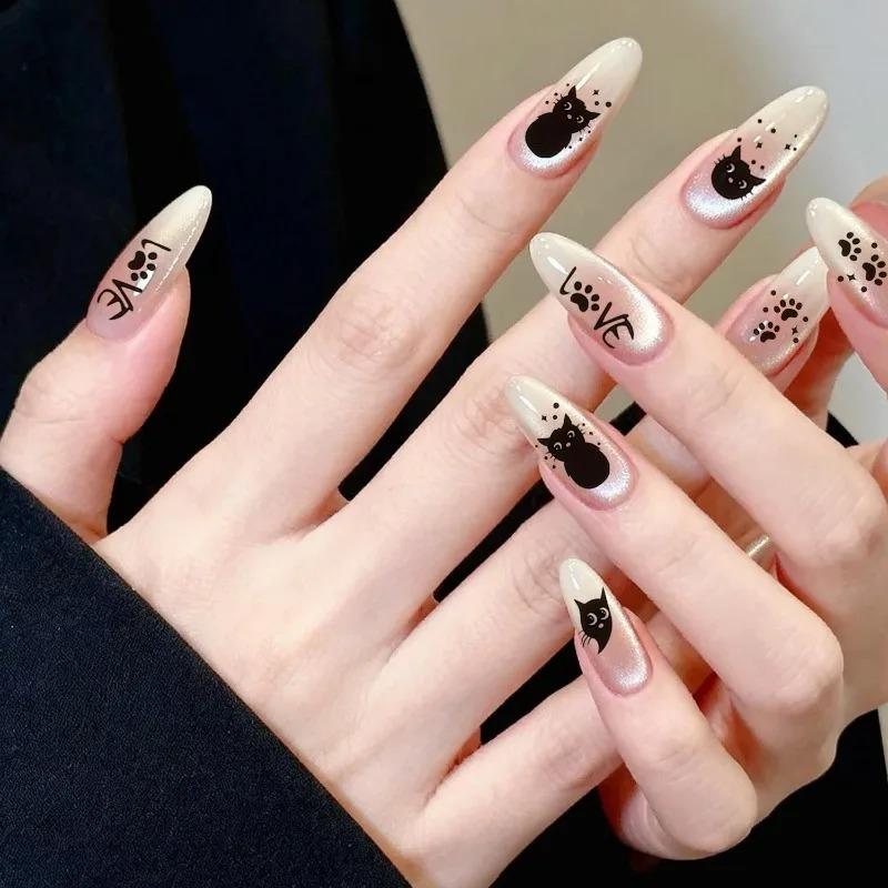 1-6pcs Black Cat Stickers Cute Cartoon Graffiti Cat Nail Stickers Art Self Adhesive Decals Heart Bowknot Stars Manicure Tools