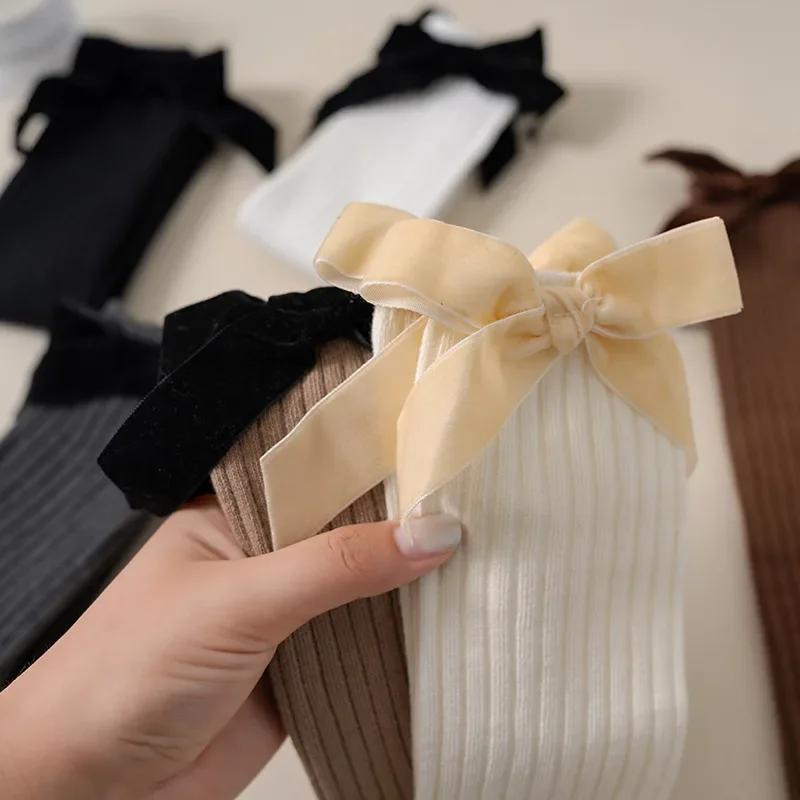 1 Pair Kids Girl Calf Sock Sweet Beige Coffee Color Jacaquard Sock for Children Princess Bow Style Knee High Sock for Toddler