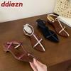 Fashion Fashion Pointed Toe Ladies Low Heel Sandals Shoes Female Shallow Footwear Ankle T-Strap Elegant Women Heeled Sandals Shoes