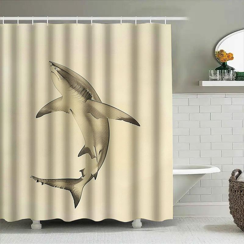 Luxurious Bathroom Decorshark-Themed Shower Curtain Set With Metal Rods For Home Decoration Modern Waterfall Design In Beige Per