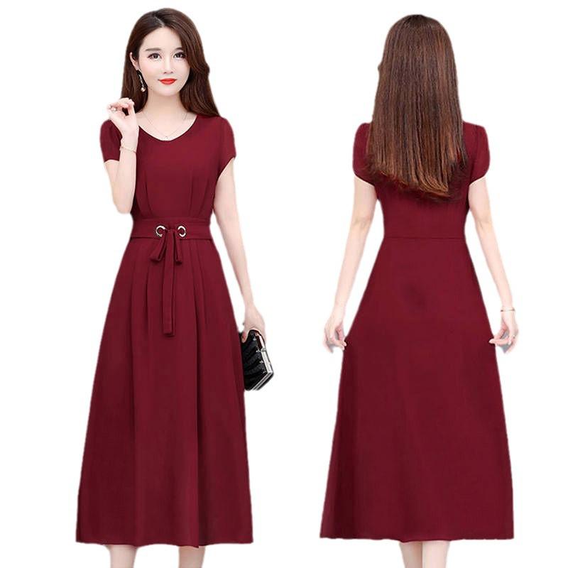 Madam Übergröße 2020 Midilanges A-Linien-Kleid mit Gürtel – Kurzärmeliges Überknie Schlank machendes Kleid