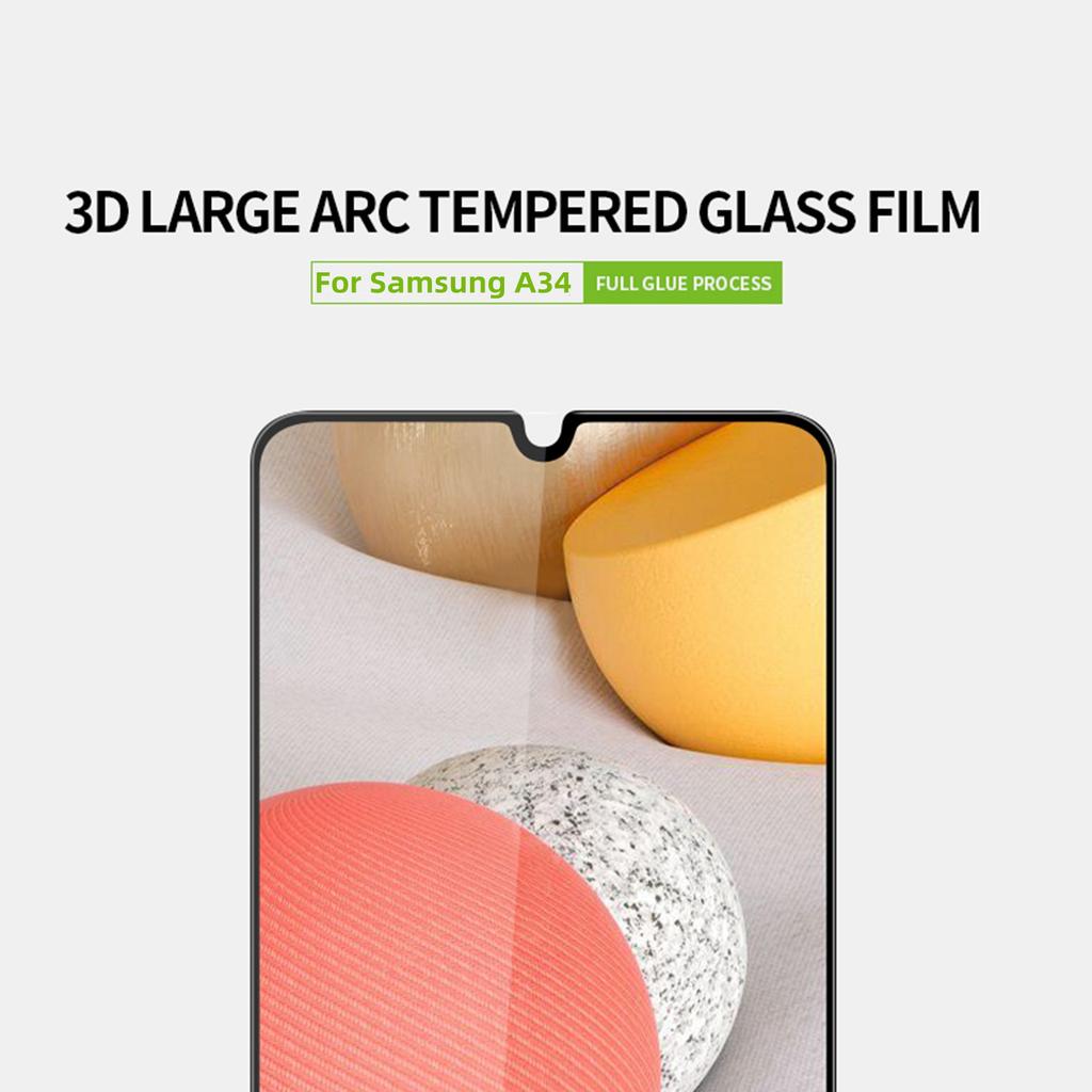 PINWUYO JK 3D Zakřivená fólie z tvrzeného skla-2 pro Samsung Galaxy A34 5G, Plně lepené Protiexplozivní Sklo s vysokým obsahem hliníku a křemíku Ochranné sklo na displej