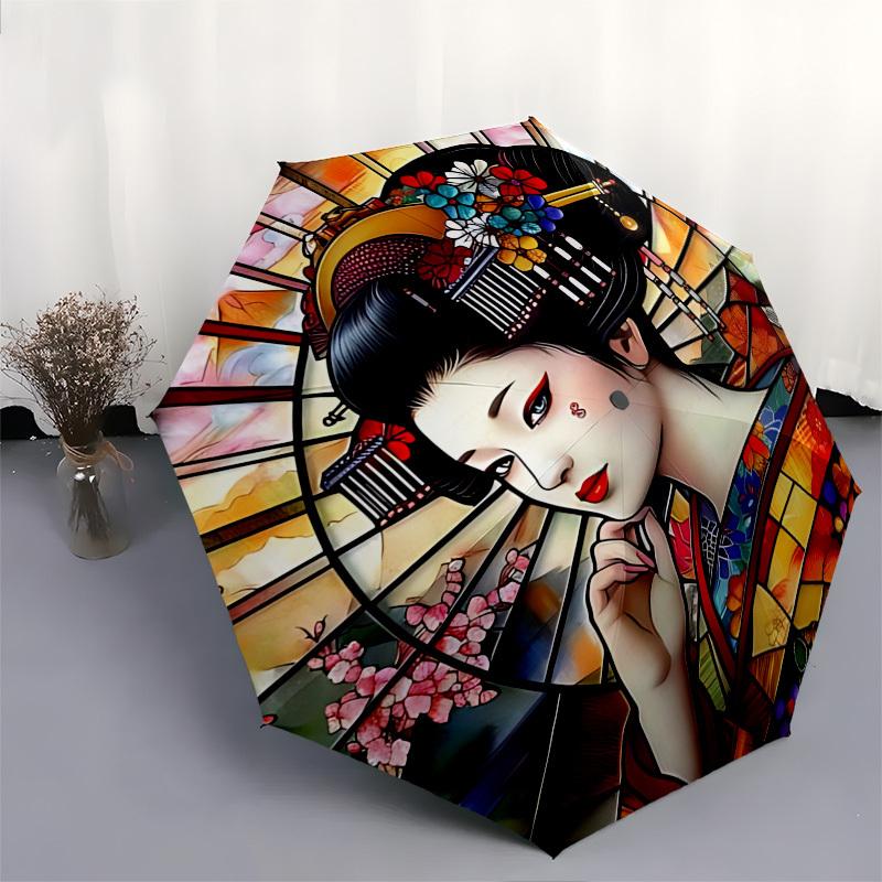 Geisha Themed Automatic Opening and Closing Umbrella, Brightly Colored 8-rib Portable Umbrella, Suitable for Men and Women, A Perfect Gift f