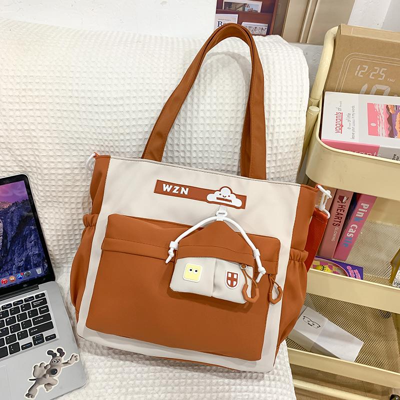 Student Handbag Women Color Block Crossbody Bag Large Capacity Classes Book Shoulder Bag with Coin Purse