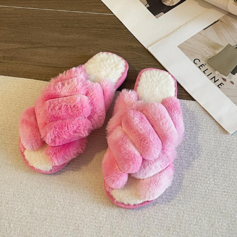 

Autumn and winter home flat toe crossed hairy slippers, fashionable rainbow slippers 42-43 рожевий