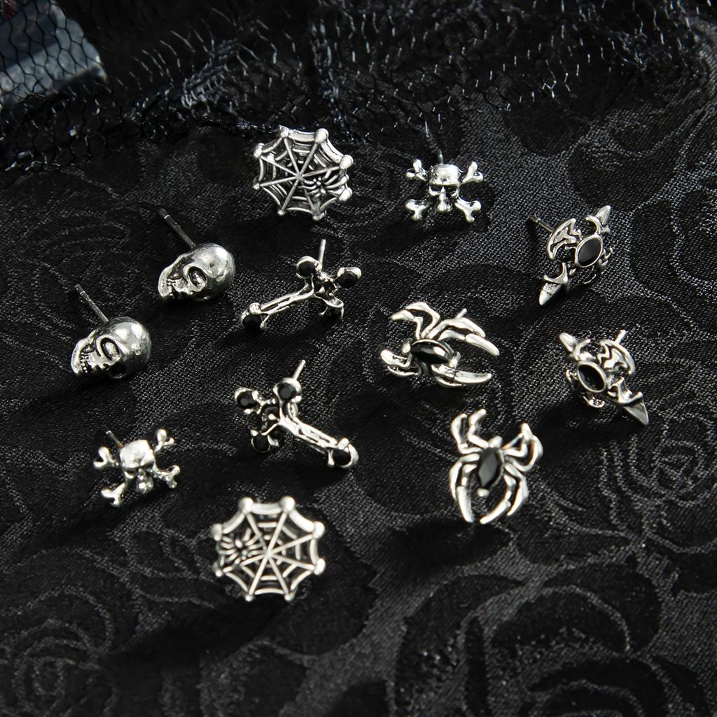 Salircon 6Pair/Set Gothic Skull Spider Web Cross Metal Pendant Earrings Women Punk Piercing Earring Party Jewelry Halloween Gift