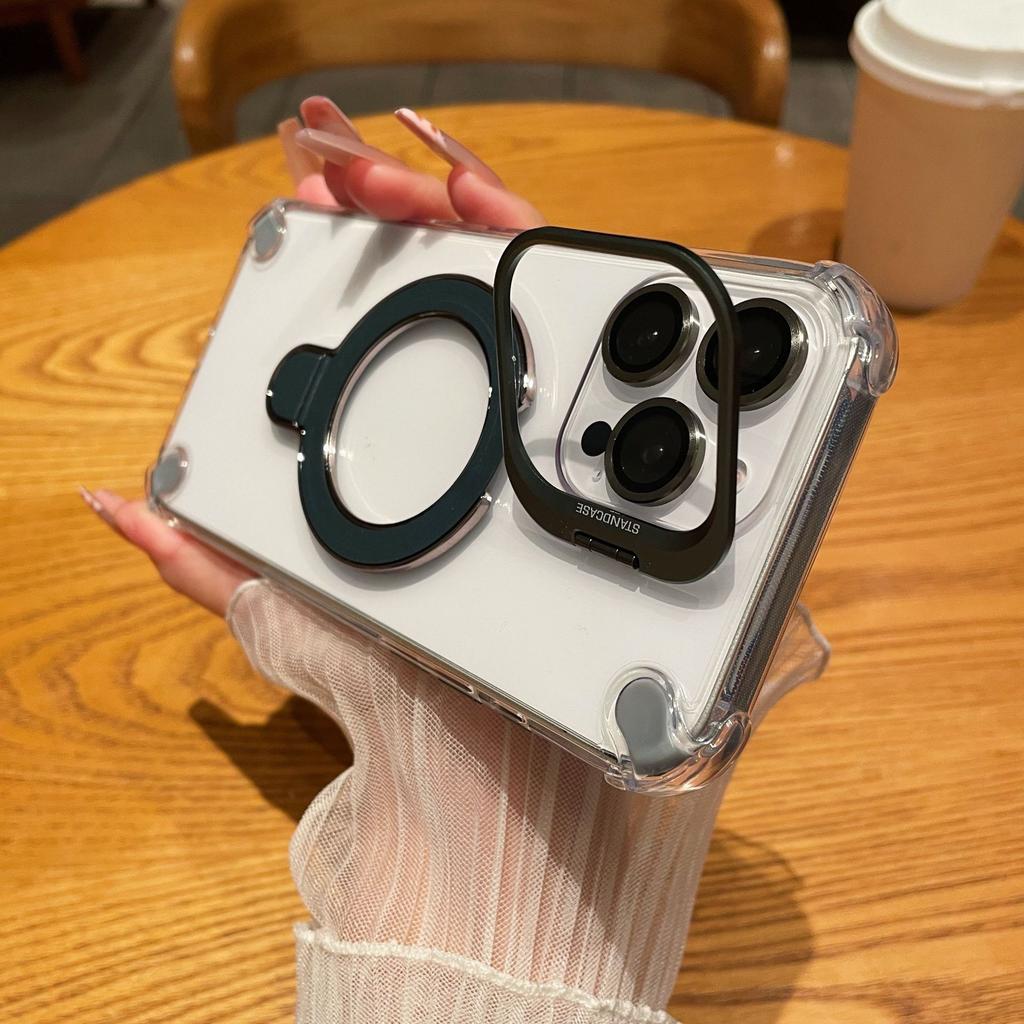 Applicable To iPhone16PROMAX Mobile Phone Case Four Corners Anti-drop Apple 15 Magnetic Suction Double Bracket Electroplating Protective Case 14