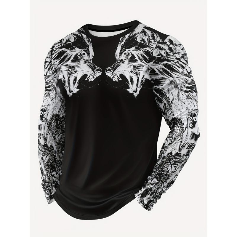 Pánské tričko s dlouhým rukávem a kulatým výstřihem s volným vzorem vlka, ležérní a pohodlné
