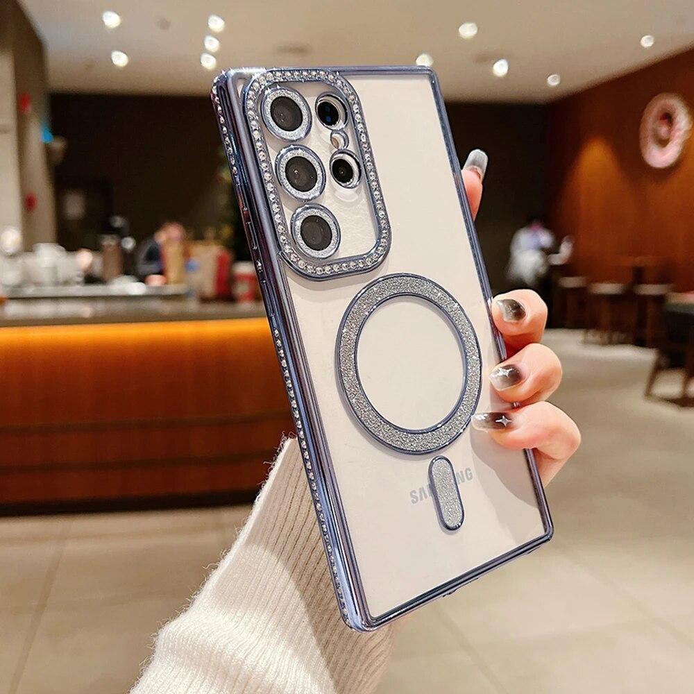 Husă de telefon transparentă, placată magnetică de lux, pentru Samsung Galaxy S24 S23 S22 Ultra Plus, cu sclipici, husă moale de protecție pentru lentile diamantate