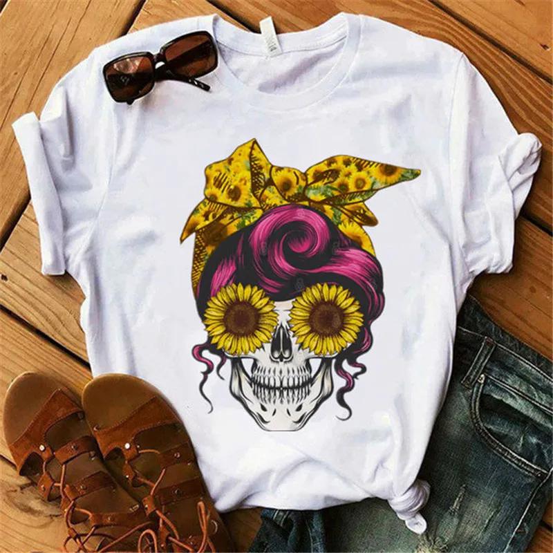 Fashion Leopard Skull Printed Women T-shirt Summer Loose Black Female T-shirt Casual Round Neck Harajuku Tops Woman Clothes
