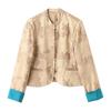 Spring 2025 Women's Slim Fit Colorblock Jacquard Jacket with Chinese Stand Collar & Retro Frog Buttons 