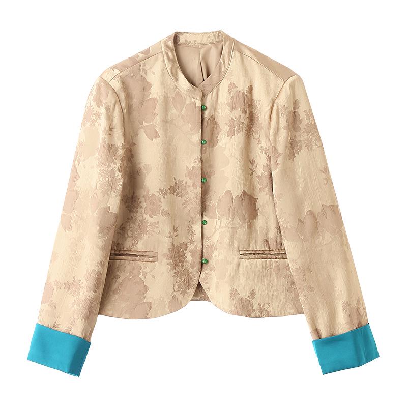 Spring 2025 Women's Slim Fit Colorblock Jacquard Jacket with Chinese Stand Collar & Retro Frog Buttons 