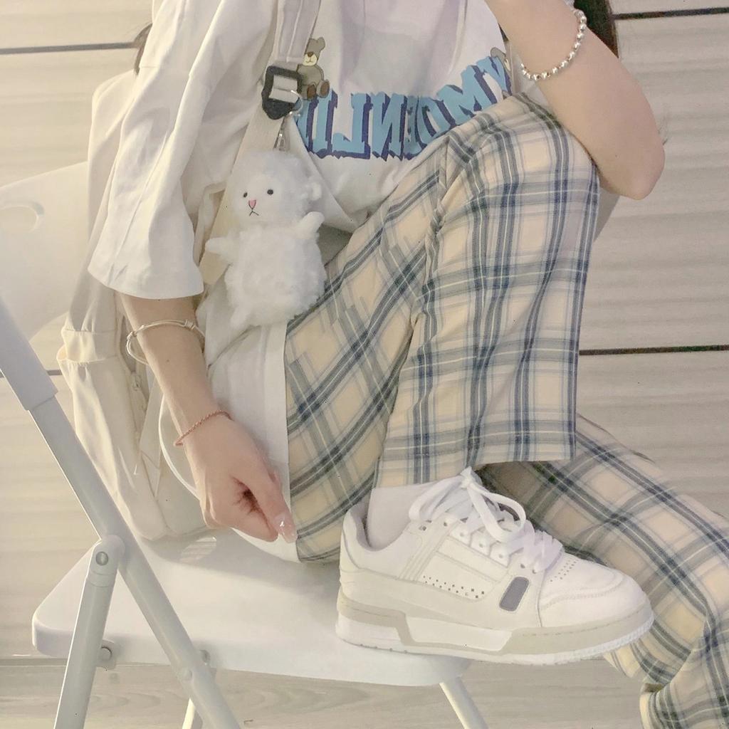 Casual arbetsbyxor för kvinnor med fickor Elastiska midja rutiga byxor