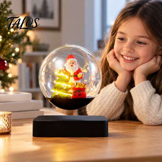 Lighted Christmas Display Centerpiece Magnetic Levitating Santa Claus Tree Ornament with LED Light, Rotating Floating Sleigh for Holiday Parties Glass