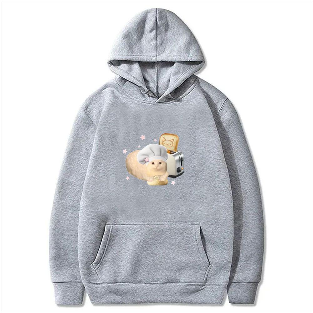 Cat Chef Toaster Print Hooded Sweatshirt Women Kawaii Graphic Long Sleeve Pullover Y2k Winter Casual Loose Cute Women Streetwear