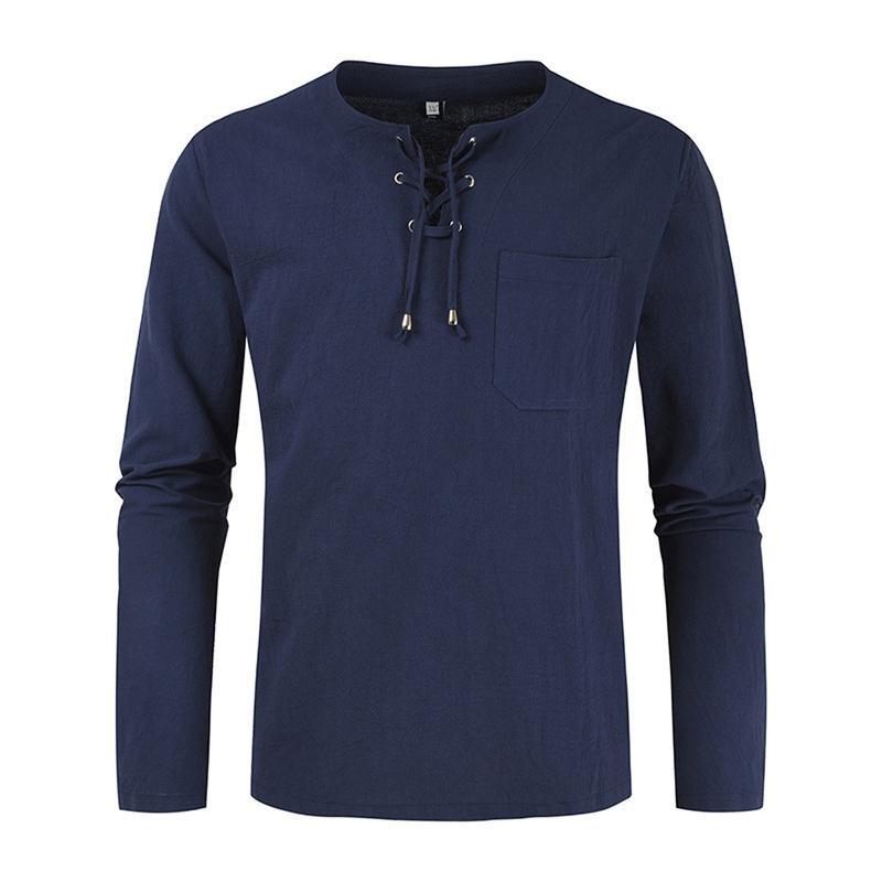 Mens Long Sleeve Cotton Linen Blouse Loose Henley V-Neck Tops T Shirts Blouse
