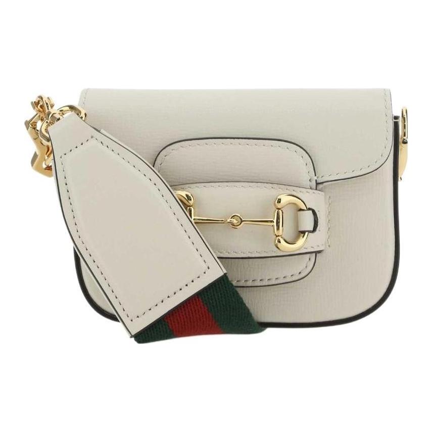 Gucci Horsebit 1955 White Leather Crossbody Bag, Gold Hardware Detachable Chain & Web Strap, Women's Daily Shopping Shoulder Handbag 699760-18YSG-9068