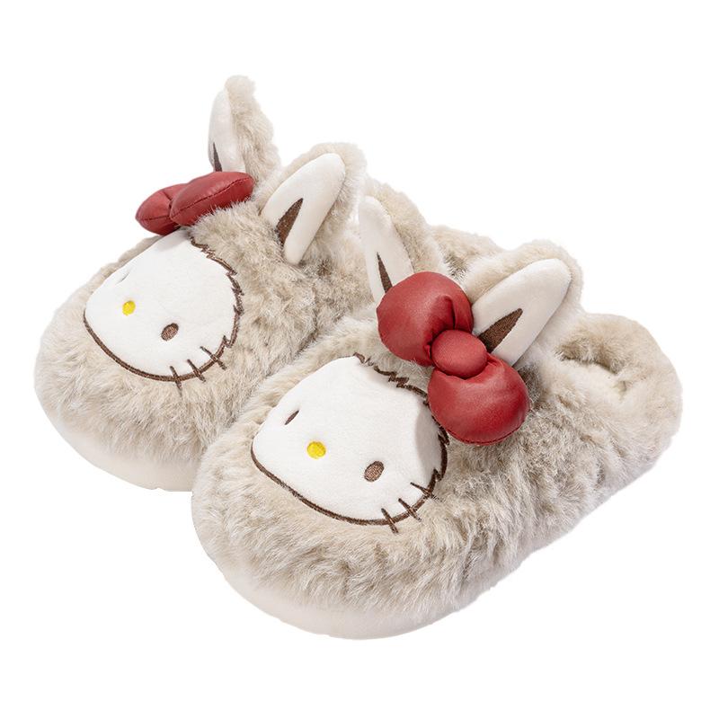 New Cute Rabbit-eared Cat Bow Plush Slippers Winter Indoor Household Plush Warm Non-slip Cotton Slippers
