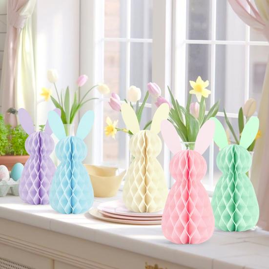 5 Pcs Easter Bunny Honeycomb Centerpiece 3D Paper Rabbit Ornament Spring Easter Party Table Decoration for Home Office Kitchen Decor