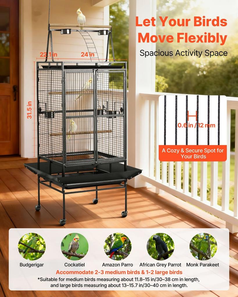 Bird Cage, 830 x 790 x 2100 mm, Open Flat Top, Wrought Iron Bird Flight Cage with Perches, Slide-Out Tray, Plastic Feeders, for Cockatiel, Monk
