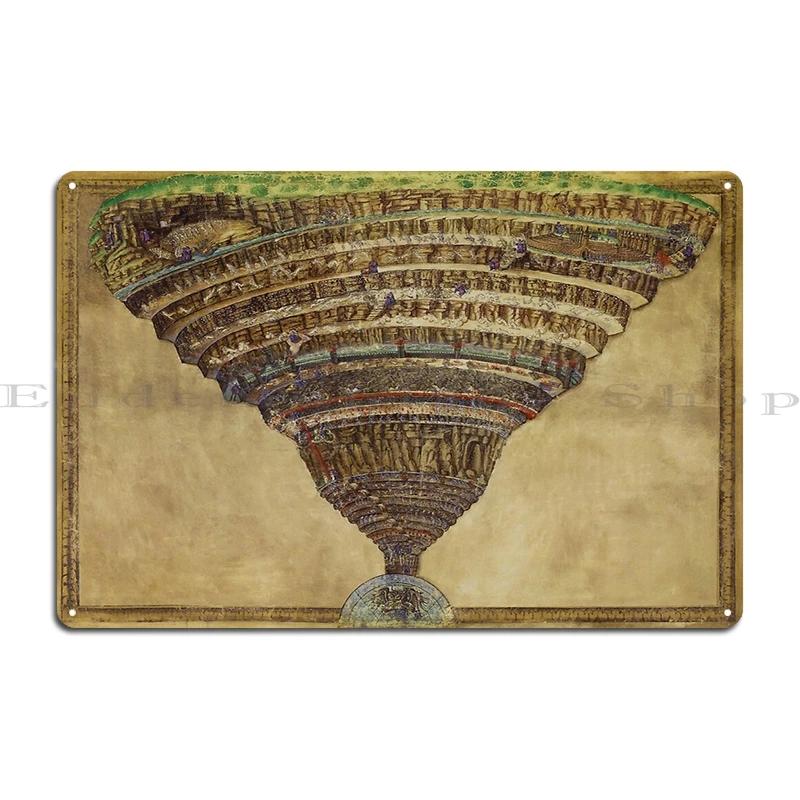 Botticelli La Carte de lEnfer Dantes Map of Hell Dante and Virgil in the Ninth Circle of Hell Metal Printing Tin Sign Poster 20x30cm(7.8x11.8inch)