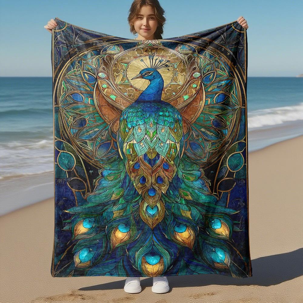 1PC Peacock Stained Glass Outdoor Flannel Blanket  Soft Plush Decor for Picnics, camping,Bedroom, Playroom, Lightweight , All Season1194A