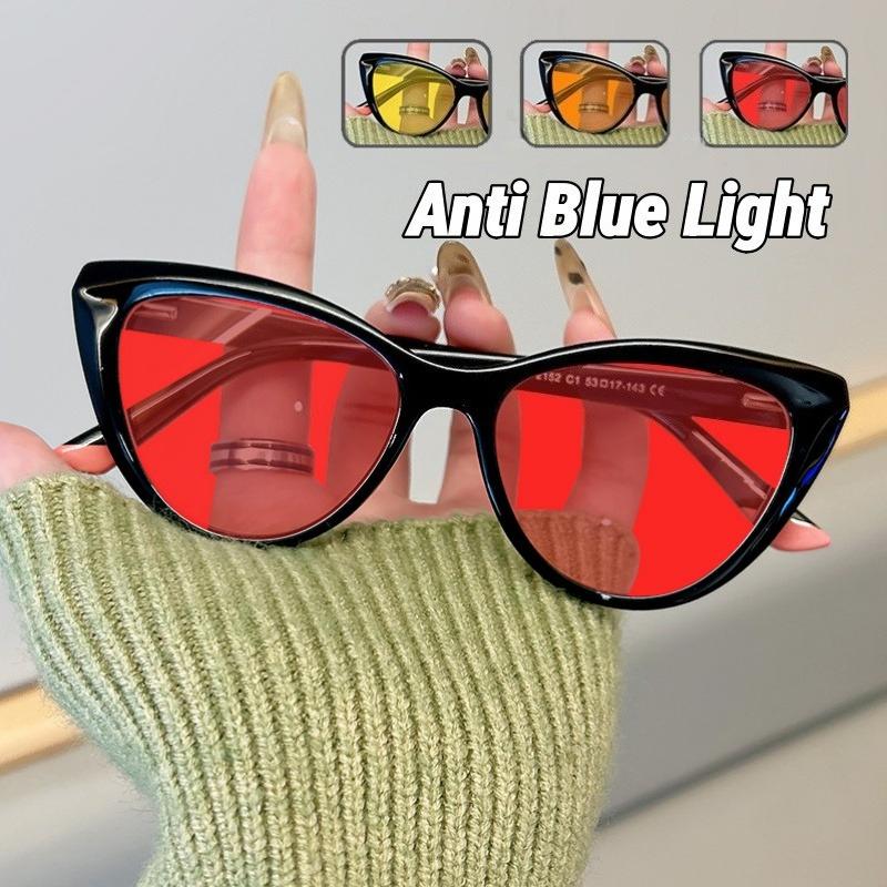 Women's INS Style Red & Orange Lens Blue Light Blocking Glasses Retro Cat-Eye Anti-Glare Night Vision Glasses Gaming Goggles