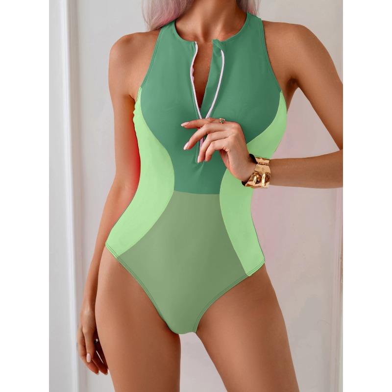 2026 New Spliced Color Zipper One Piece Swimsuit For Women Sport Swimwear Female Bodysuit Monokini Bathing Suit Summer Beachwear
