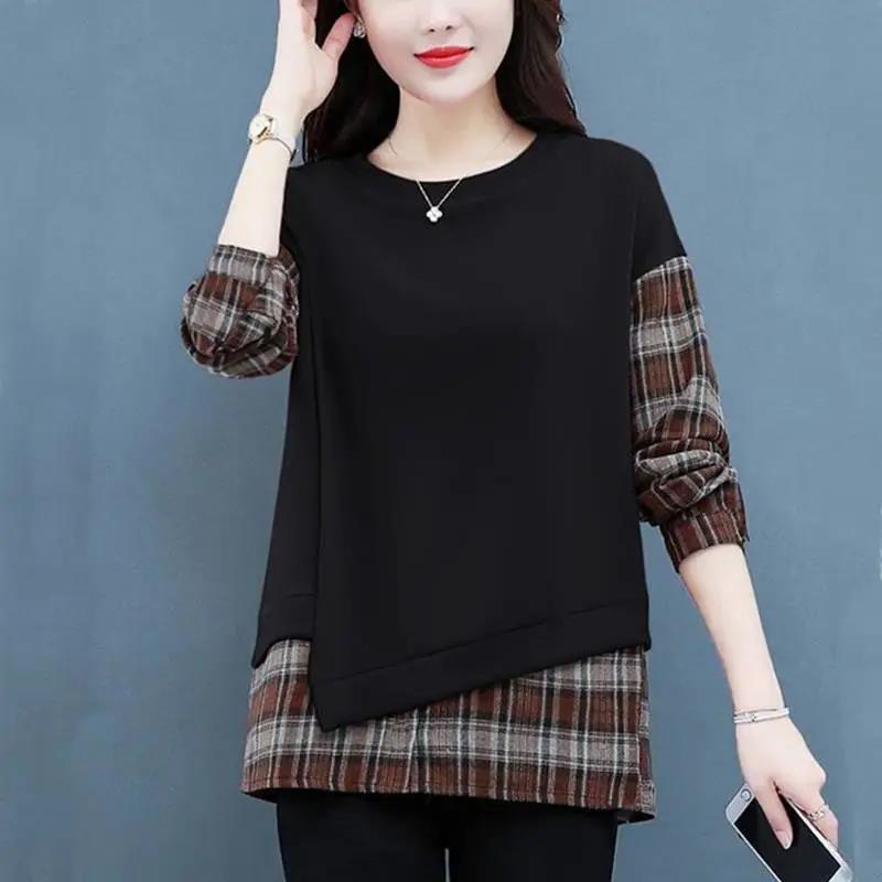 Women Plaid Stitching Shirt Summer Fake Two-piece T-shirt Boutique Casual Pullover Trendy Bottoming Shirt