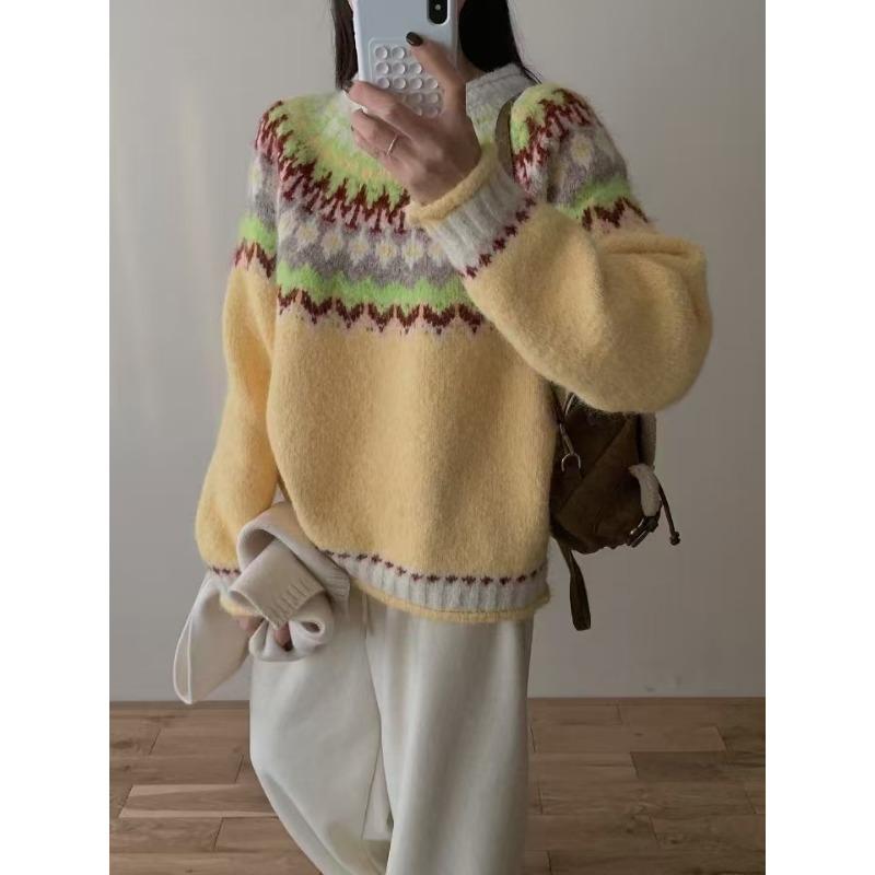 Vintage Heavy Industry Fair Island Christmas Knitted Pullover Women's Autumn and Winter Loose Lazy Wind Soft Waxy Knitted Sweater Top