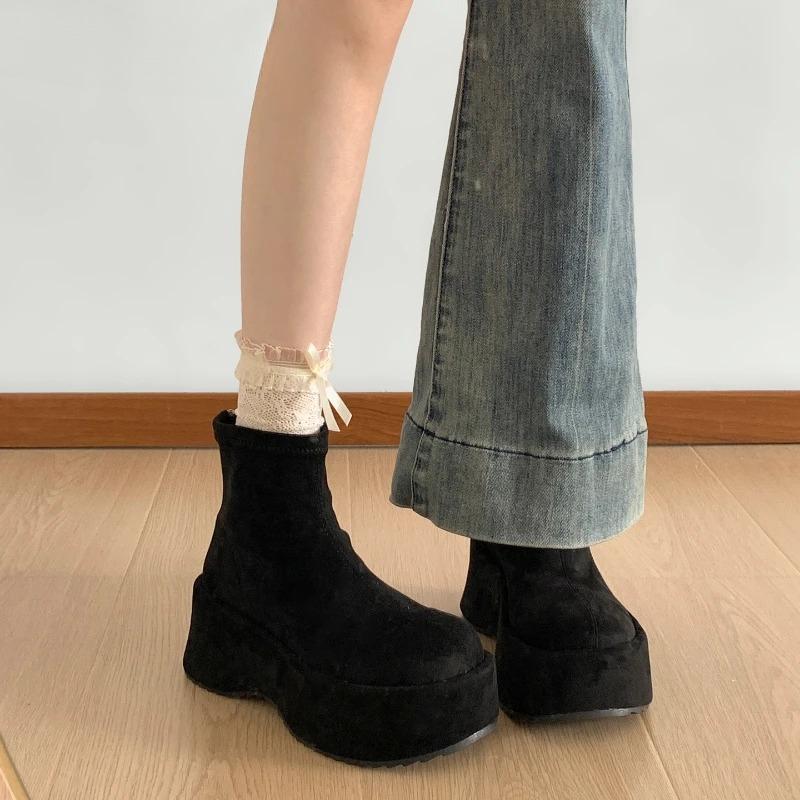 Vintage Platform Thick Sole Woman Ankle Boots Comfort Round Toe Dress Shoes Autumn Winter Slim Height Increase Short Botas