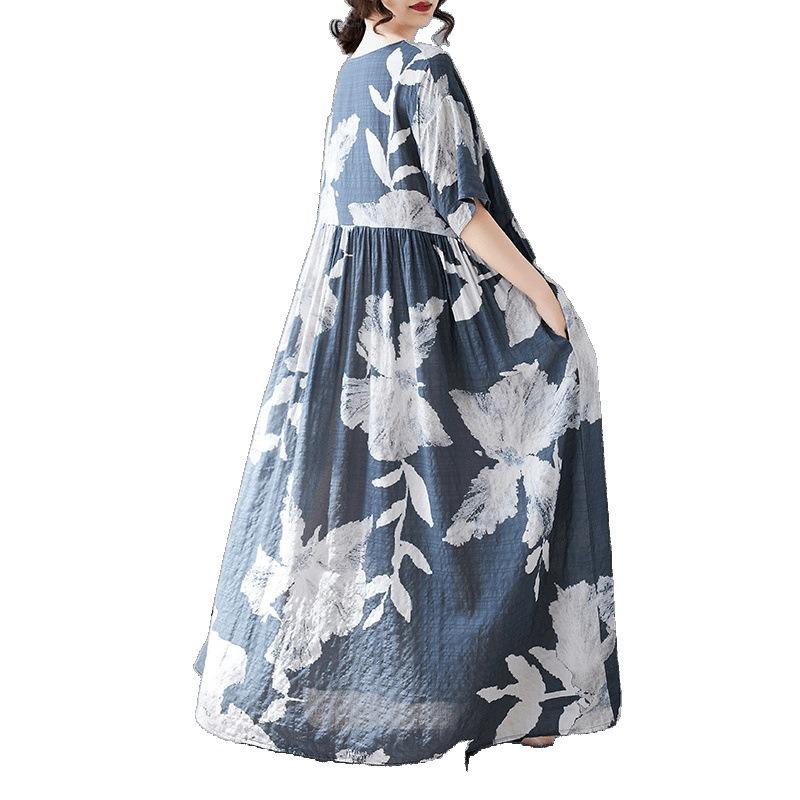 Sommer neues einfaches böhmisches langes Kleid gefettetes und vergrößertes kurzärmeliges Rundhals-Druckkleid Damenbekleidung