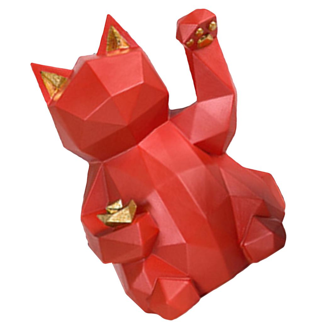 Figurka Kot Szczęścia Styl Geometryczny Żywica Ekologiczna Jaskrawoczerwona Figurka Maneki Neko na Stół