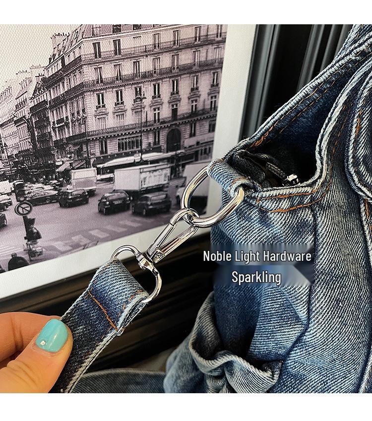 Large Vintage Denim Tote Bag - Casual Single Shoulder and Crossbody Versatile Style